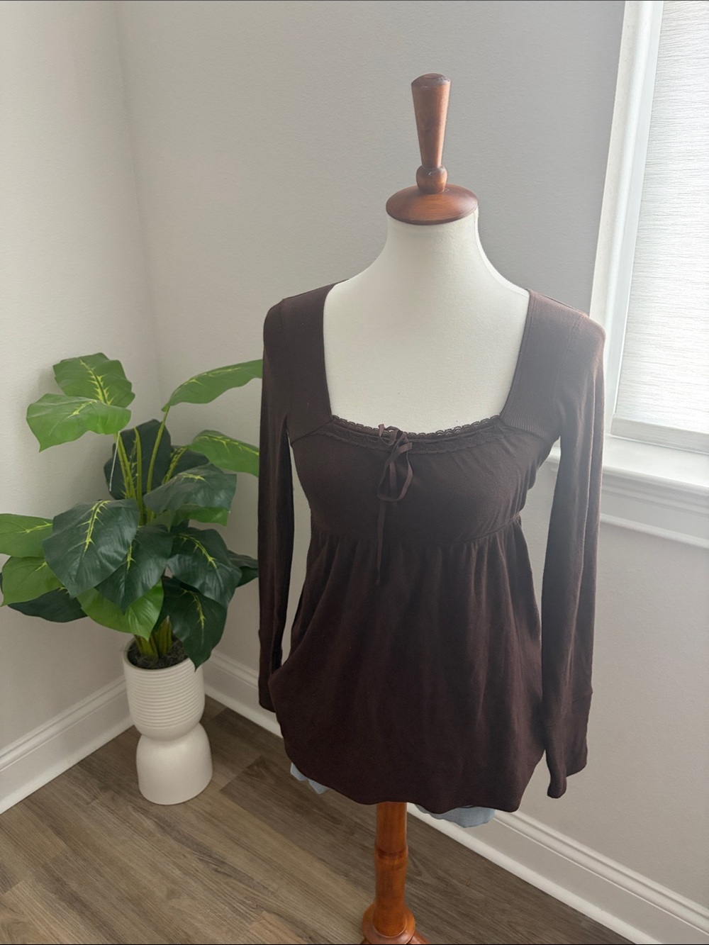 Hollister Chocolate Brown Long Sleeve Scoop-Neck Tie Front Top